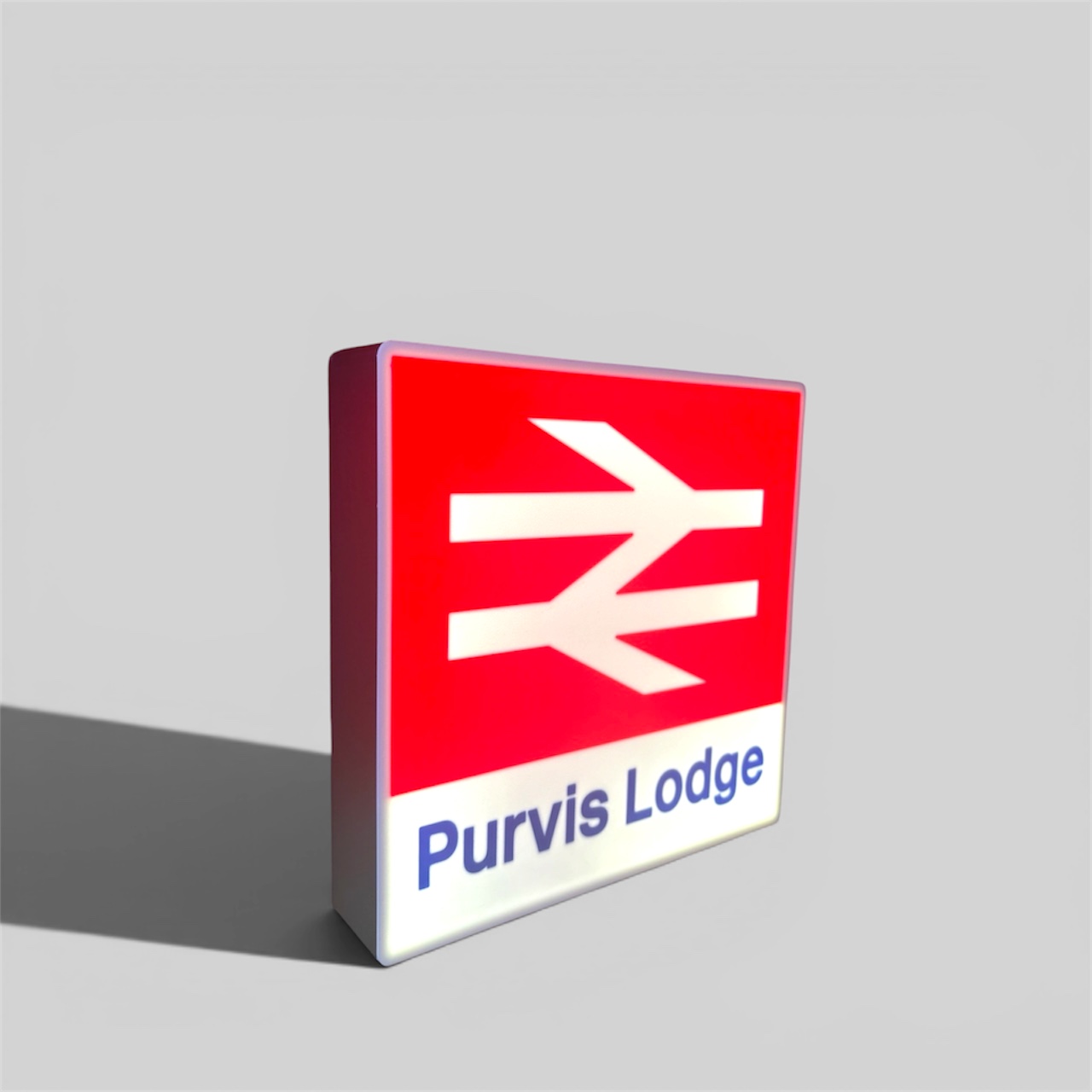 Custom British Rail station sign with personalised name lit up